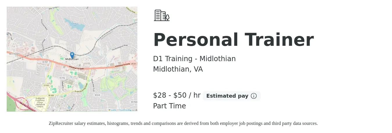 D1 Training - Midlothian job posting for a Personal Trainer in Midlothian, VA with a salary of $30 to $52 Hourly with a map of Midlothian location.