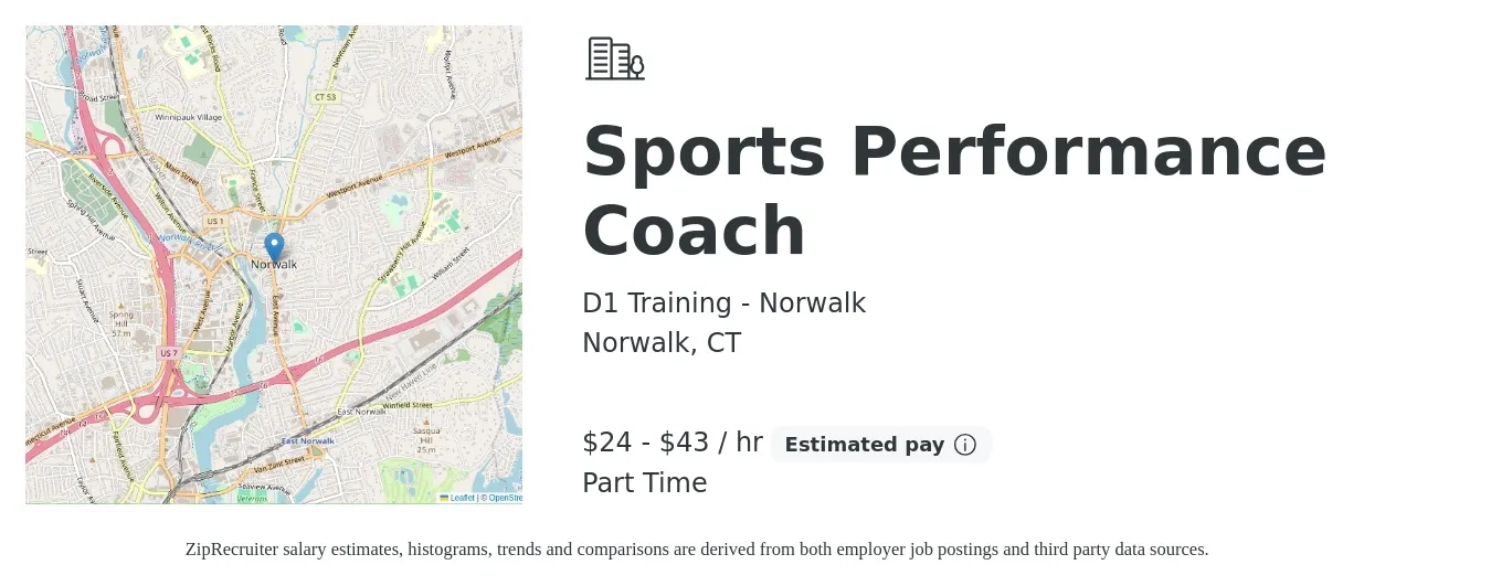 D1 Training - Norwalk job posting for a Sports Performance Coach in Norwalk, CT with a salary of $25 to $45 Hourly with a map of Norwalk location.