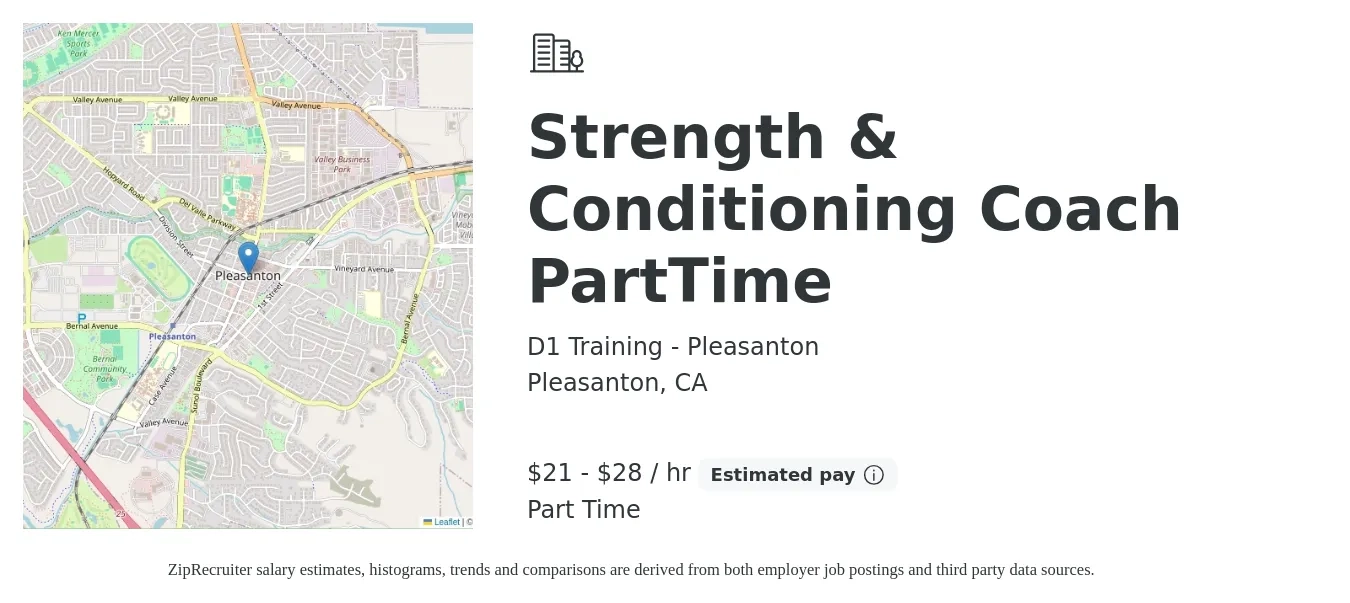 D1 Training - Pleasanton job posting for a Strength & Conditioning Coach PartTime in Pleasanton, CA with a salary of $22 to $30 Hourly with a map of Pleasanton location.