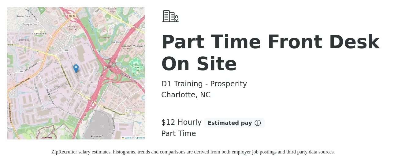 D1 Training - Prosperity job posting for a Part Time Front Desk On Site in Charlotte, NC with a salary of $14 Hourly with a map of Charlotte location.