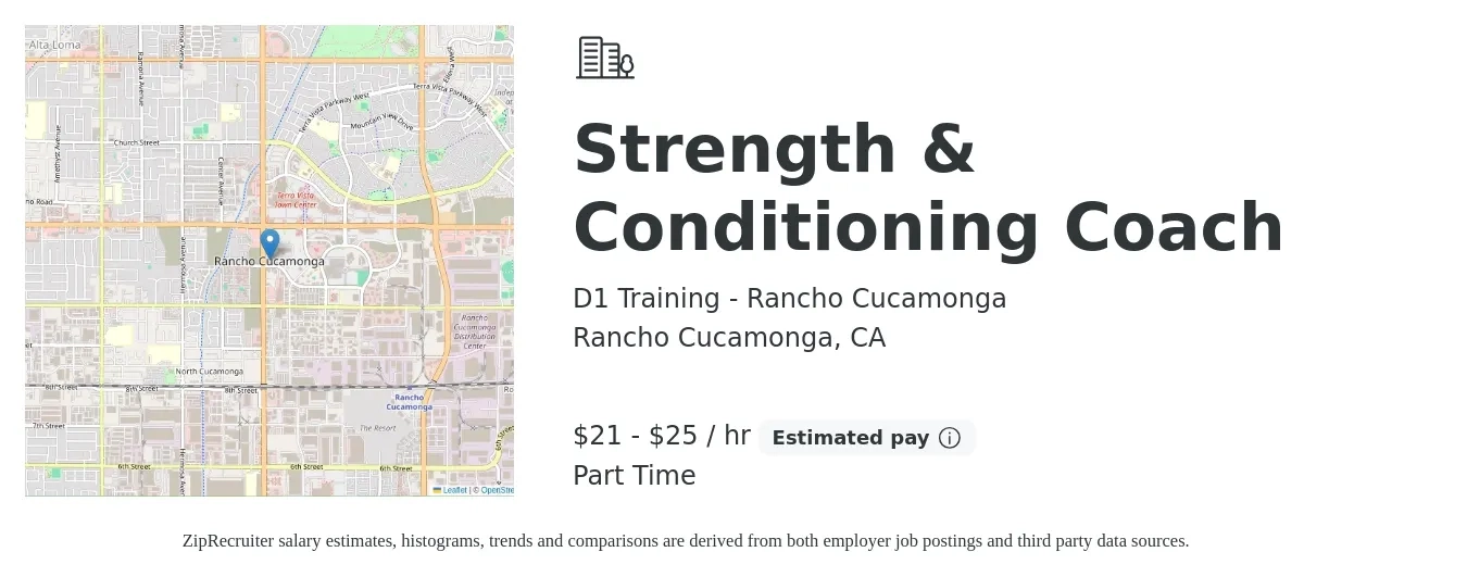 D1 Training - Rancho Cucamonga job posting for a Strength & Conditioning Coach in Rancho Cucamonga, CA with a salary of $22 to $26 Hourly with a map of Rancho Cucamonga location.