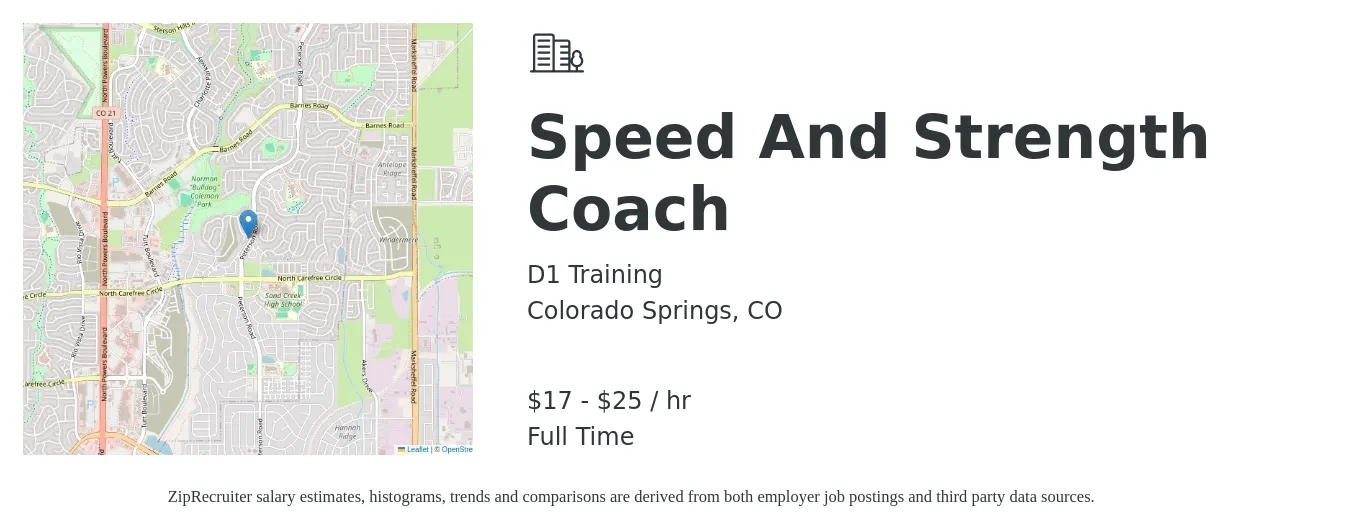 D1 Training job posting for a Speed And Strength Coach in Colorado Springs, CO with a salary of $18 to $26 Hourly with a map of Colorado Springs location.