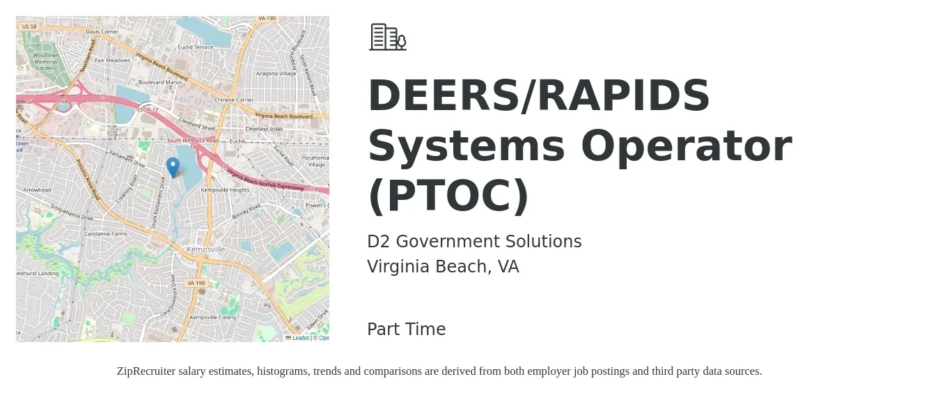 D2 Government Solutions job posting for a DEERS/RAPIDS Systems Operator (PTOC) in Virginia Beach, VA with a salary of $19 to $38 Hourly with a map of Virginia Beach location.