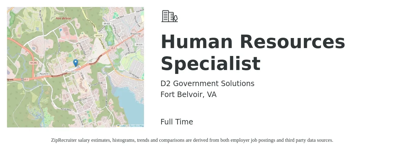 D2 Government Solutions job posting for a Human Resources Specialist in Fort Belvoir, VA with a salary of $53,100 to $111,400 Yearly with a map of Fort Belvoir location.