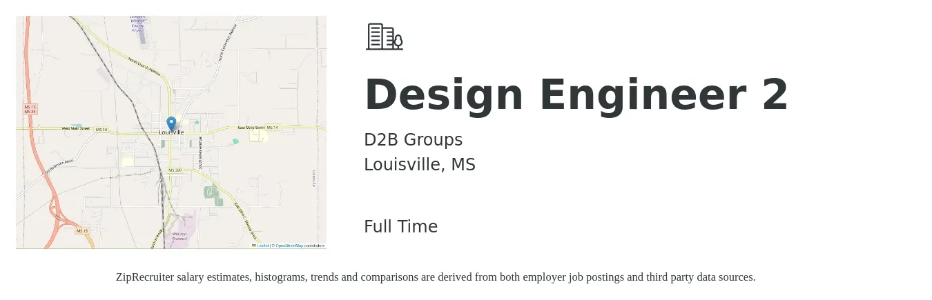 D2B Groups job posting for a Design Engineer 2 in Louisville, MS with a salary of $54,400 to $78,800 Yearly with a map of Louisville location.