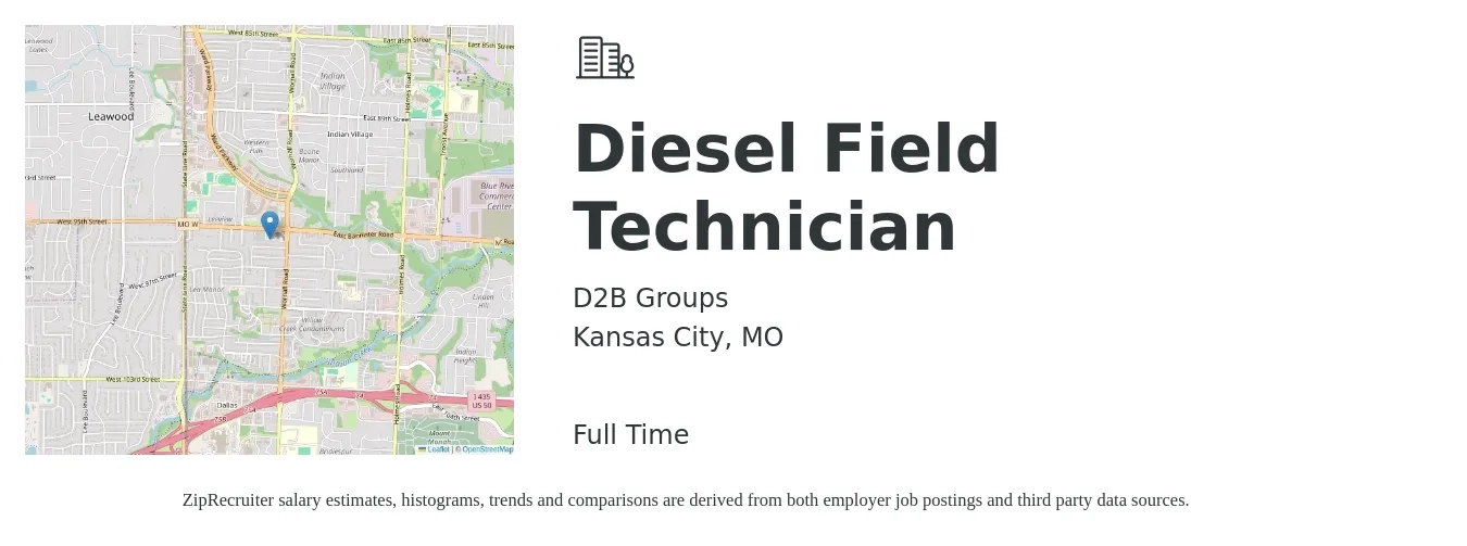 D2B Groups job posting for a Diesel Field Technician in Kansas City, MO with a salary of $28 to $40 Hourly with a map of Kansas City location.