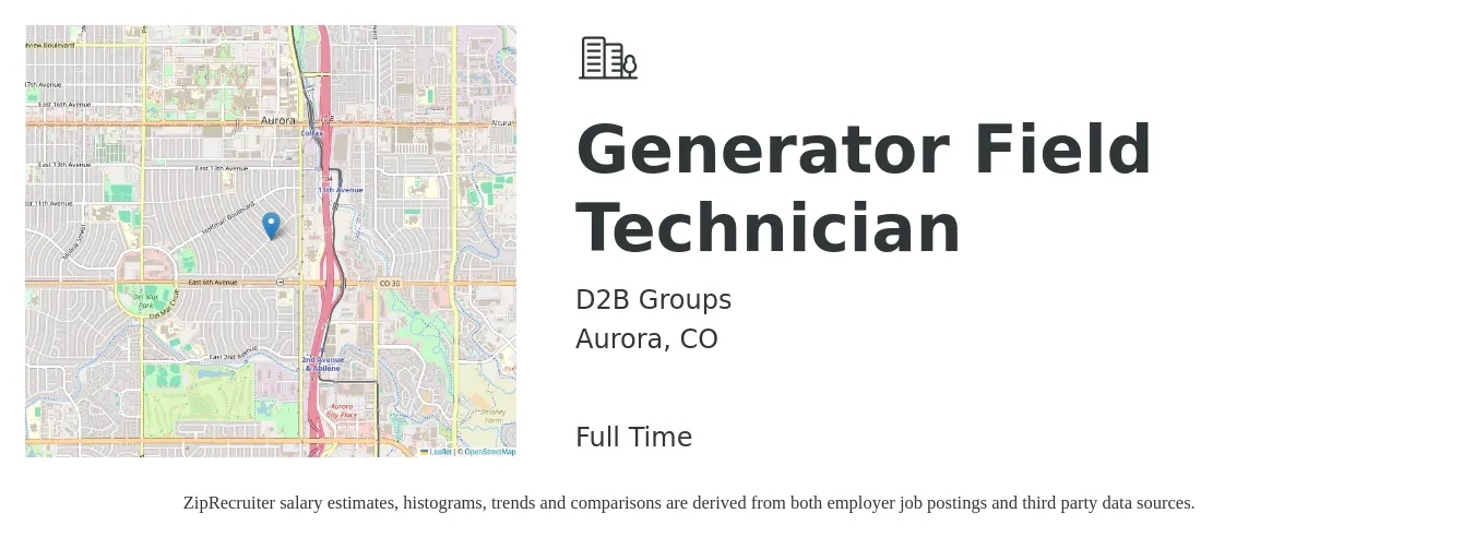 D2B Groups job posting for a Generator Field Technician in Aurora, CO with a salary of $23 to $38 Hourly with a map of Aurora location.
