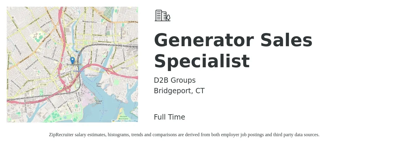 D2B Groups job posting for a Generator Sales Specialist in Bridgeport, CT with a salary of $18 to $32 Hourly with a map of Bridgeport location.