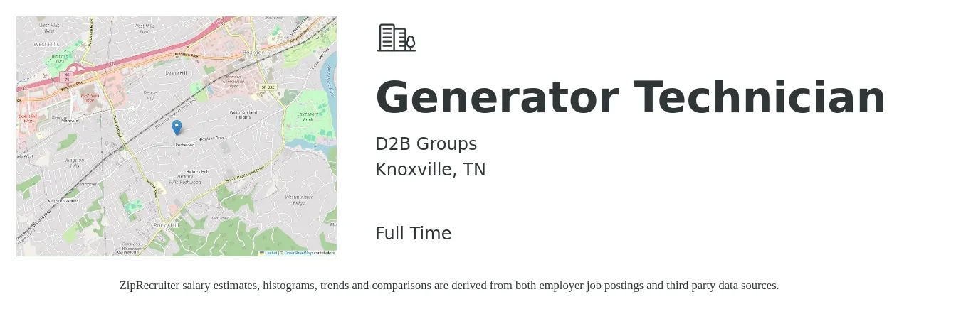 D2B Groups job posting for a Generator Technician in Knoxville, TN with a salary of $22 to $35 Hourly with a map of Knoxville location.