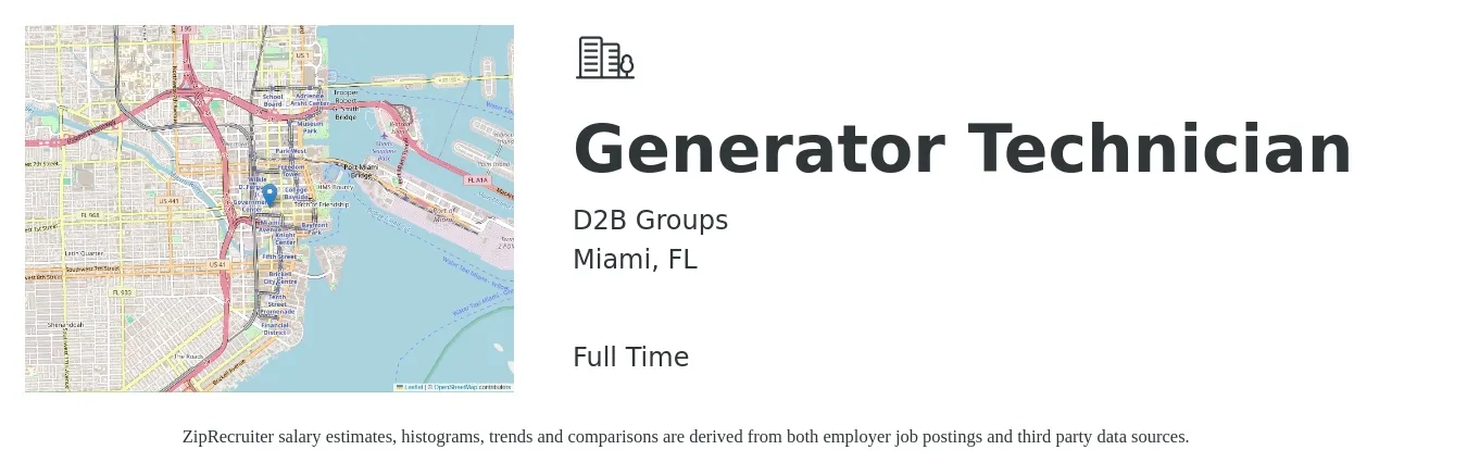 D2B Groups job posting for a Generator Technician in Miami, FL with a salary of $22 to $35 Hourly with a map of Miami location.