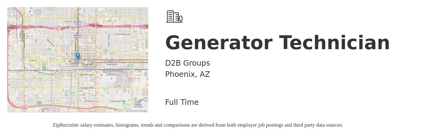 D2B Groups job posting for a Generator Technician in Phoenix, AZ with a salary of $22 to $36 Hourly with a map of Phoenix location.