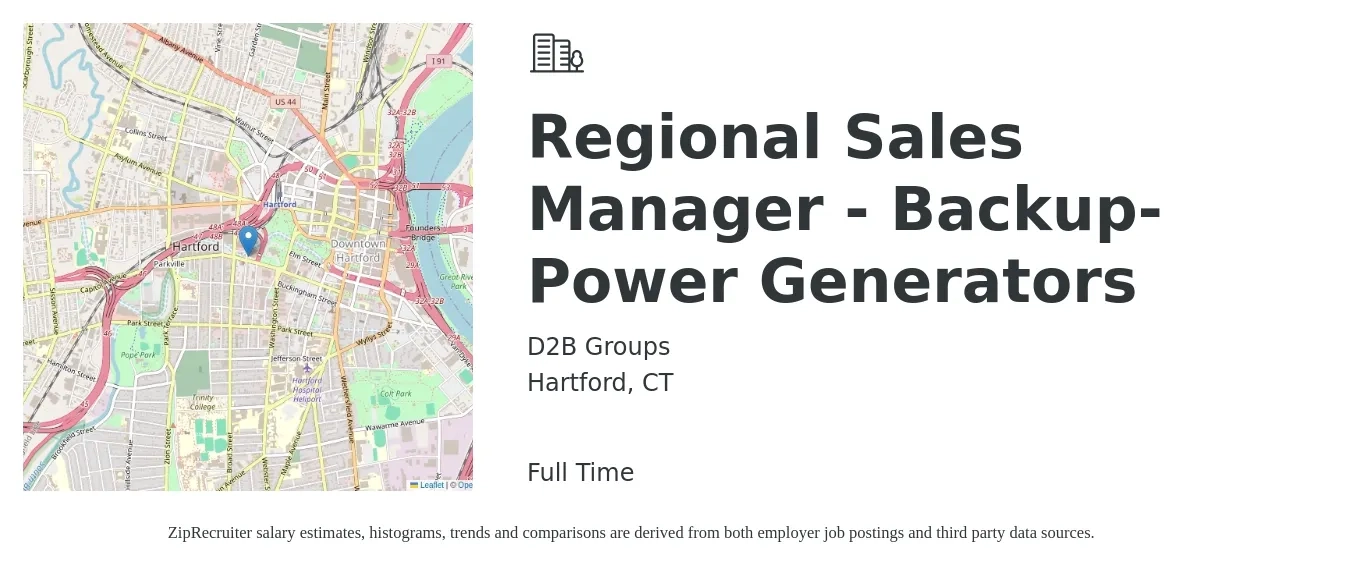 D2B Groups job posting for a Regional Sales Manager - Backup-Power Generators in Hartford, CT with a salary of $72,600 to $113,400 Yearly with a map of Hartford location.