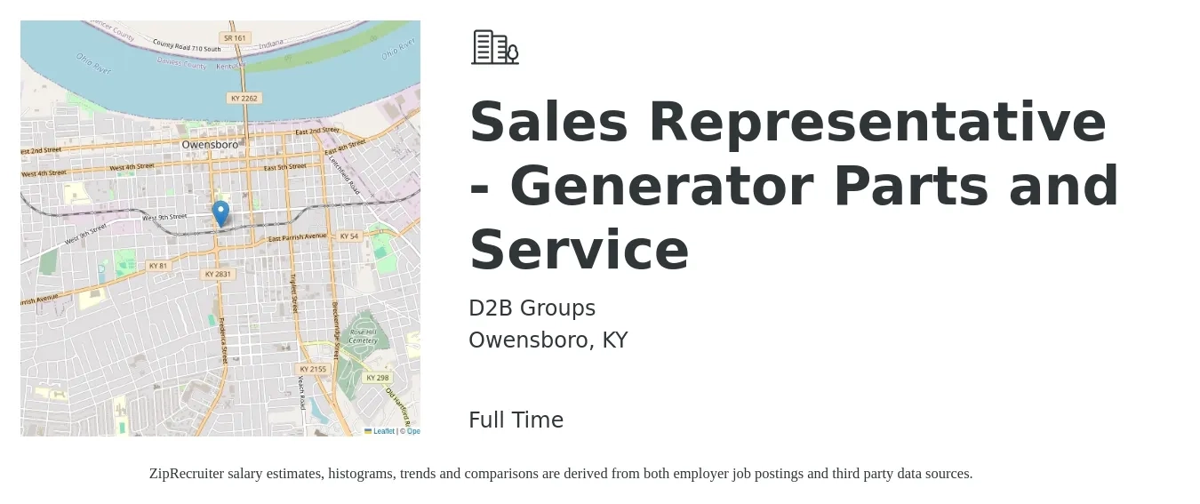 D2B Groups job posting for a Sales Representative - Generator Parts and Service in Owensboro, KY with a salary of $39,600 to $69,200 Yearly with a map of Owensboro location.