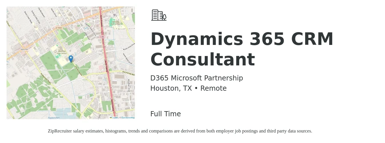 D365 Microsoft Partnership job posting for a Dynamics 365 CRM Consultant in Houston, TX with a salary of $50 to $66 Hourly with a map of Houston location.