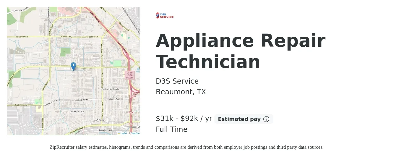 D3S Service job posting for a Appliance Repair Technician in Beaumont, TX with a salary of $31,200 to $92,000 Yearly with a map of Beaumont location.