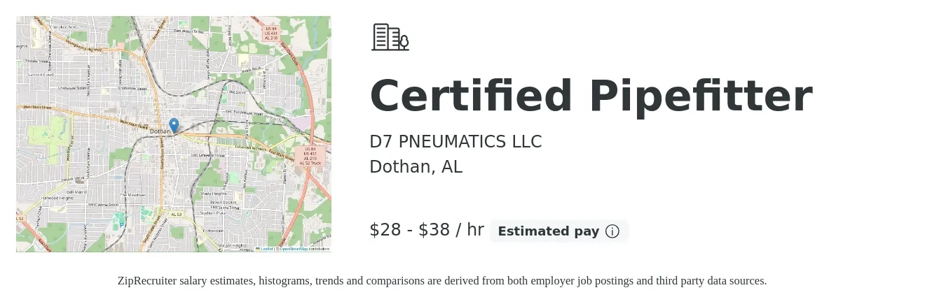 D7 PNEUMATICS LLC job posting for a Certified Pipefitter in Dothan, AL with a salary of $30 to $40 Hourly with a map of Dothan location.
