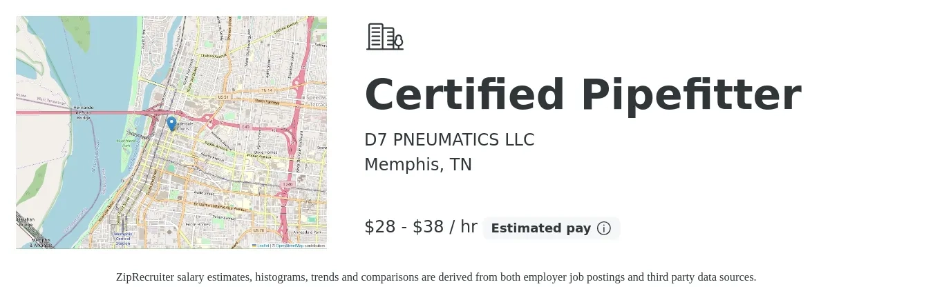 D7 PNEUMATICS LLC job posting for a Certified Pipefitter in Memphis, TN with a salary of $30 to $40 Hourly with a map of Memphis location.