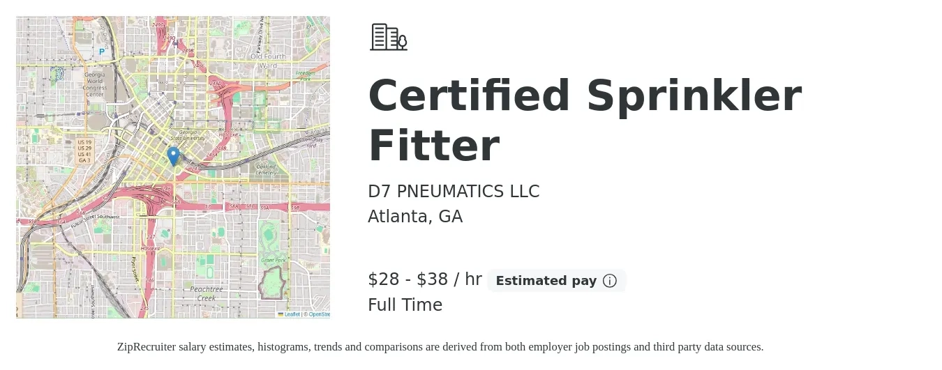 D7 PNEUMATICS LLC job posting for a Certified Sprinkler Fitter in Atlanta, GA with a salary of $30 to $40 Hourly with a map of Atlanta location.