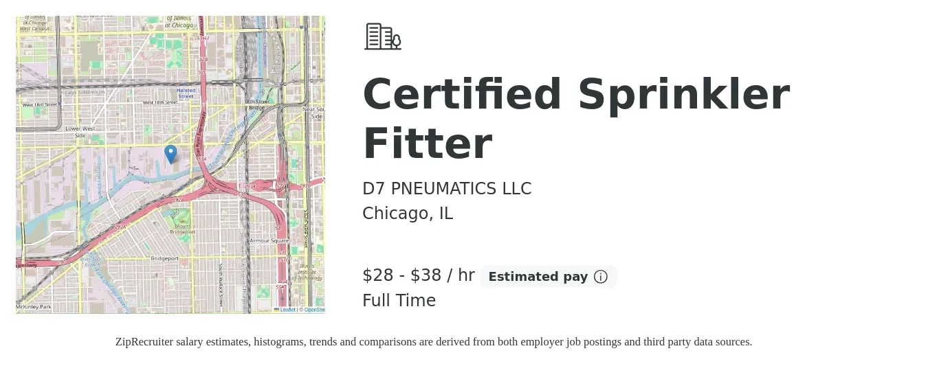 D7 PNEUMATICS LLC job posting for a Certified Sprinkler Fitter in Chicago, IL with a salary of $30 to $40 Hourly with a map of Chicago location.