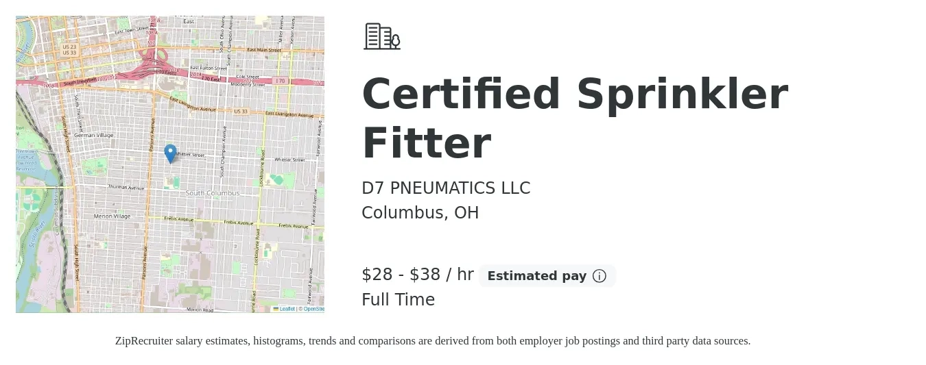 D7 PNEUMATICS LLC job posting for a Certified Sprinkler Fitter in Columbus, OH with a salary of $30 to $40 Hourly with a map of Columbus location.