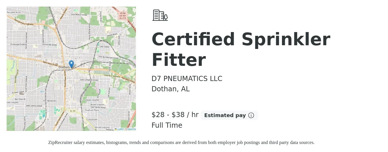 D7 PNEUMATICS LLC job posting for a Certified Sprinkler Fitter in Dothan, AL with a salary of $30 to $40 Hourly with a map of Dothan location.