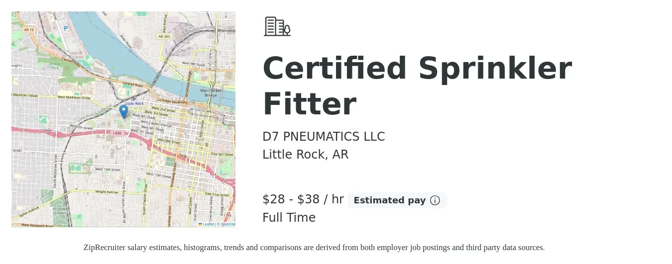 D7 PNEUMATICS LLC job posting for a Certified Sprinkler Fitter in Little Rock, AR with a salary of $30 to $40 Hourly with a map of Little Rock location.