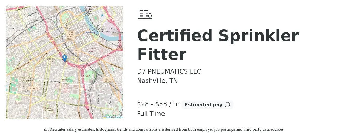 D7 PNEUMATICS LLC job posting for a Certified Sprinkler Fitter in Nashville, TN with a salary of $30 to $40 Hourly with a map of Nashville location.