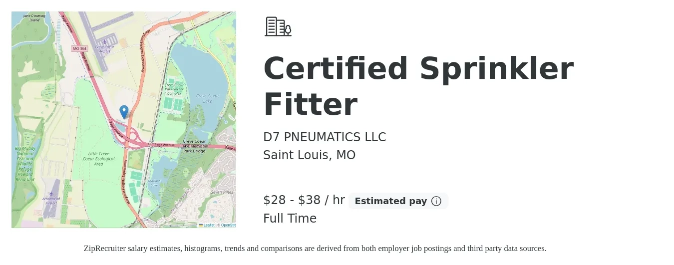 D7 PNEUMATICS LLC job posting for a Certified Sprinkler Fitter in Saint Louis, MO with a salary of $30 to $40 Hourly with a map of Saint Louis location.