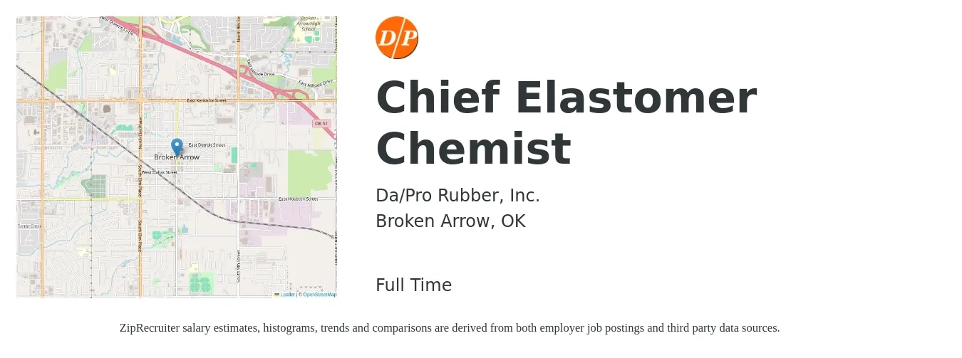 Da/Pro Rubber, Inc. job posting for a Chief Elastomer Chemist in Broken Arrow, OK with a salary of $22 to $32 Hourly with a map of Broken Arrow location.