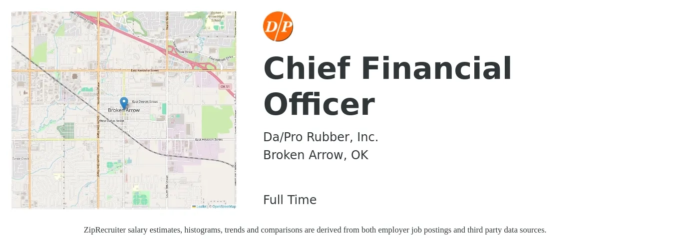 Da/Pro Rubber, Inc. job posting for a Chief Financial Officer in Broken Arrow, OK with a salary of $123,000 to $348,800 Yearly with a map of Broken Arrow location.