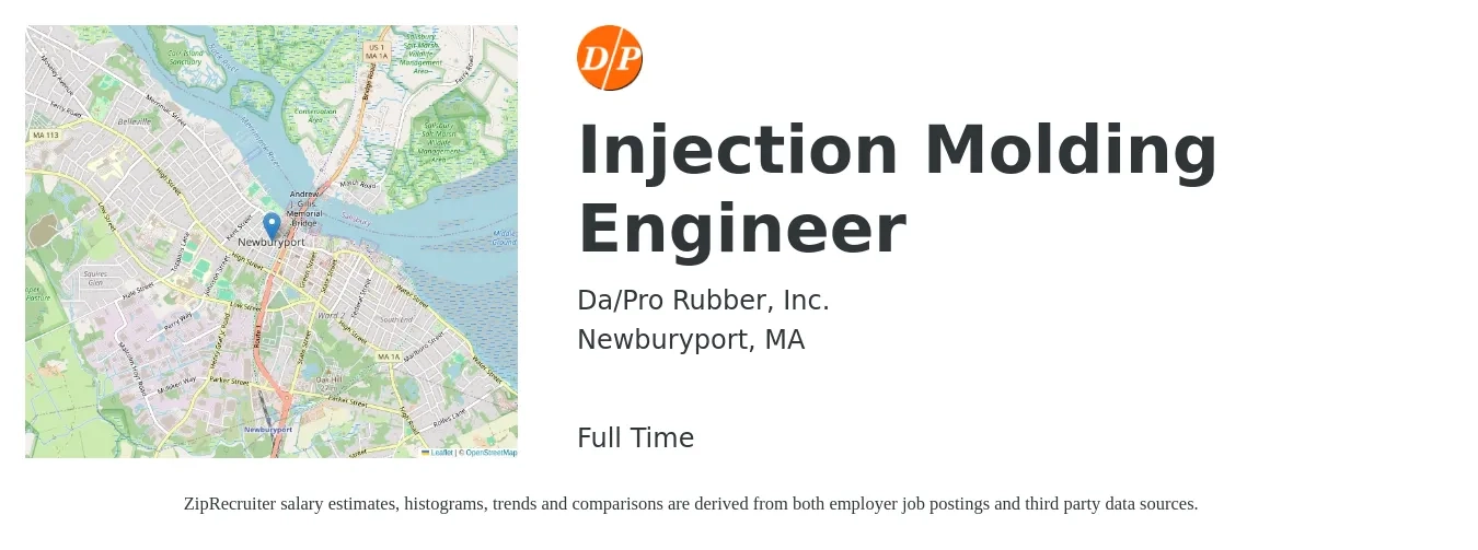 Da/Pro Rubber, Inc. job posting for a Injection Molding Engineer in Newburyport, MA with a salary of $80,000 to $90,000 Yearly with a map of Newburyport location.