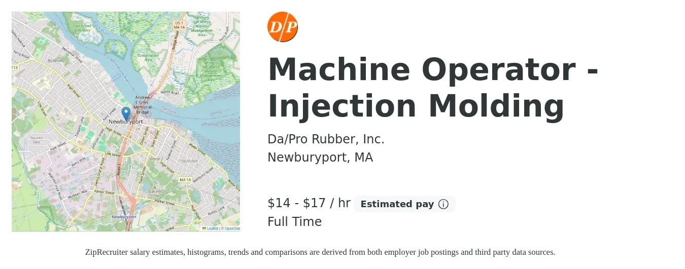 Da/Pro Rubber, Inc. job posting for a Machine Operator - Injection Molding in Newburyport, MA with a salary of $15 to $18 Hourly with a map of Newburyport location.