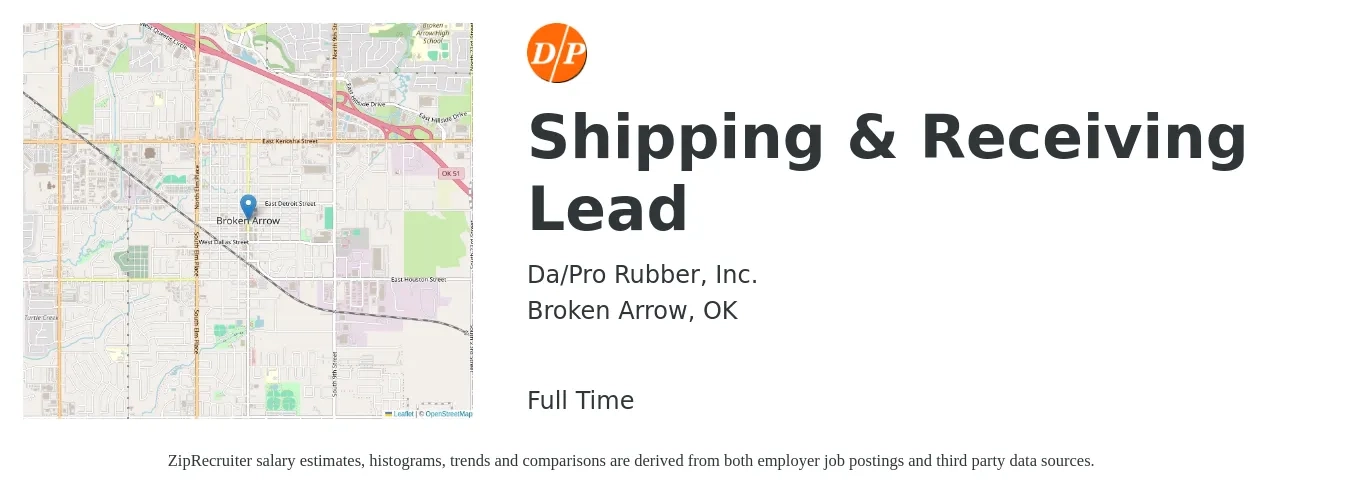 Da/Pro Rubber, Inc. job posting for a Shipping & Receiving Lead in Broken Arrow, OK with a salary of $17 to $20 Hourly with a map of Broken Arrow location.