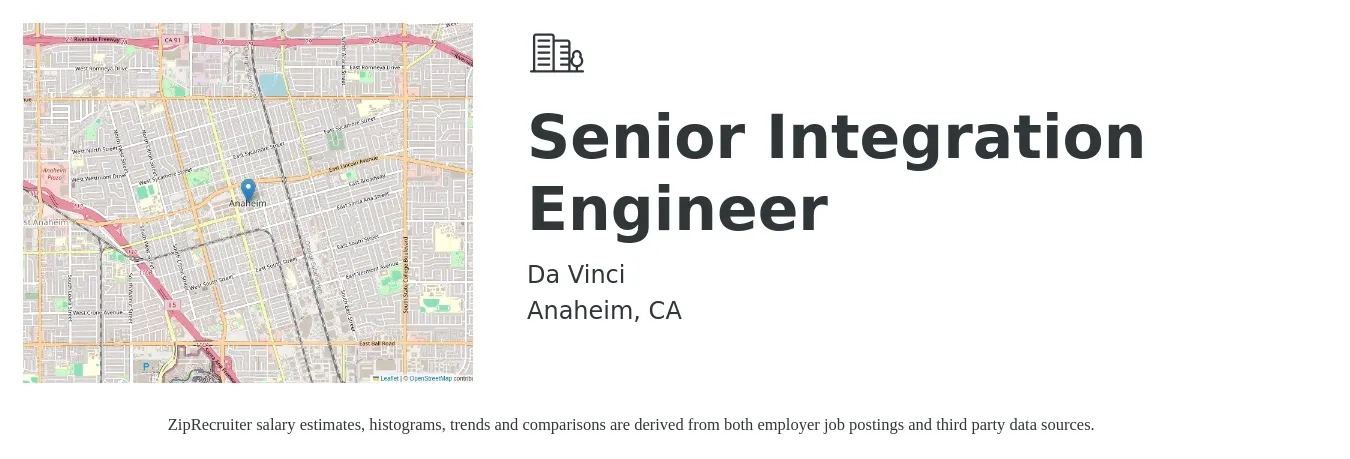 Da Vinci job posting for a Senior Integration Engineer in Anaheim, CA with a salary of $95,300 to $153,400 Yearly with a map of Anaheim location.