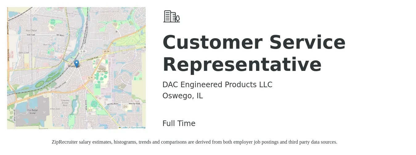 DAC Engineered Products LLC job posting for a Customer Service Representative in Oswego, IL with a salary of $15 to $21 Hourly with a map of Oswego location.