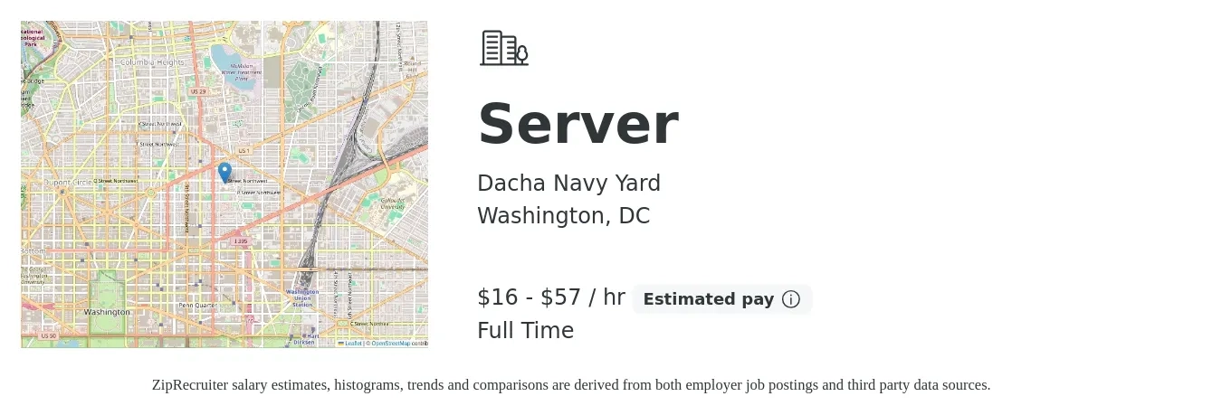 Dacha Navy Yard job posting for a Server in Washington, DC with a salary of $17 to $60 Hourly with a map of Washington location.