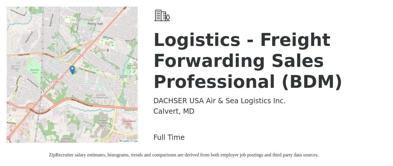 DACHSER USA Air & Sea Logistics Inc. job posting for a Logistics - Freight Forwarding Sales Professional (BDM) in Calvert, MD with a salary of $53,900 to $98,000 Yearly with a map of Calvert location.