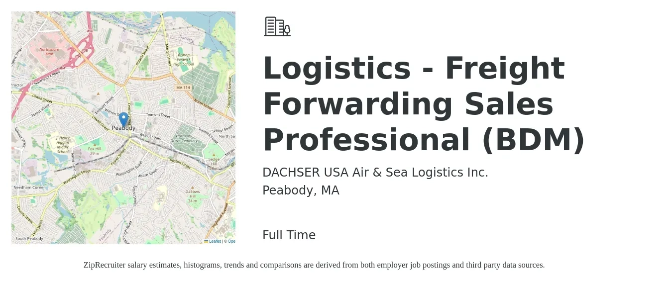 DACHSER USA Air & Sea Logistics Inc. job posting for a Logistics - Freight Forwarding Sales Professional (BDM) in Peabody, MA with a salary of $63,800 to $116,000 Yearly with a map of Peabody location.