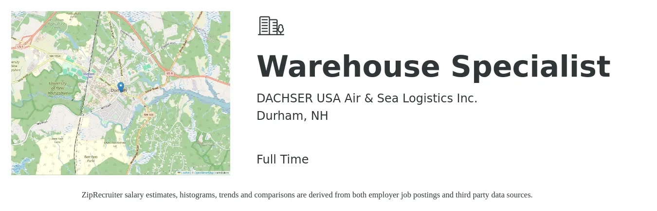 DACHSER USA Air & Sea Logistics Inc. job posting for a Warehouse Specialist in Durham, NH with a salary of $17 to $20 Hourly with a map of Durham location.