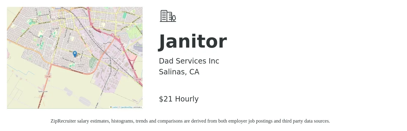 Dad Services Inc job posting for a Janitor in Salinas, CA with a salary of $22 Hourly with a map of Salinas location.