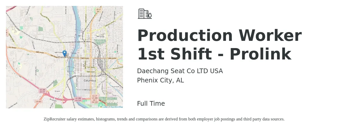 Daechang Seat Co LTD USA job posting for a Production Worker 1st Shift - Prolink in Phenix City, AL with a salary of $14 to $16 Hourly with a map of Phenix City location.