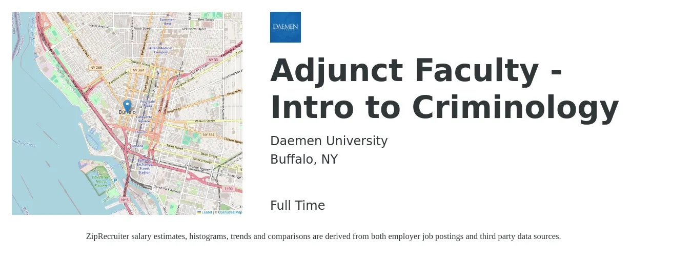 Daemen University job posting for a Adjunct Faculty - Intro to Criminology in Buffalo, NY with a salary of $36 to $68 Hourly with a map of Buffalo location.