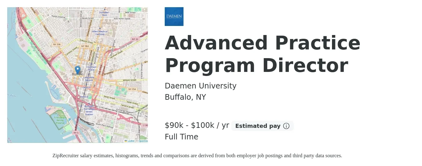Daemen University job posting for a Advanced Practice Program Director in Buffalo, NY with a salary of $90,000 to $100,000 Yearly with a map of Buffalo location.