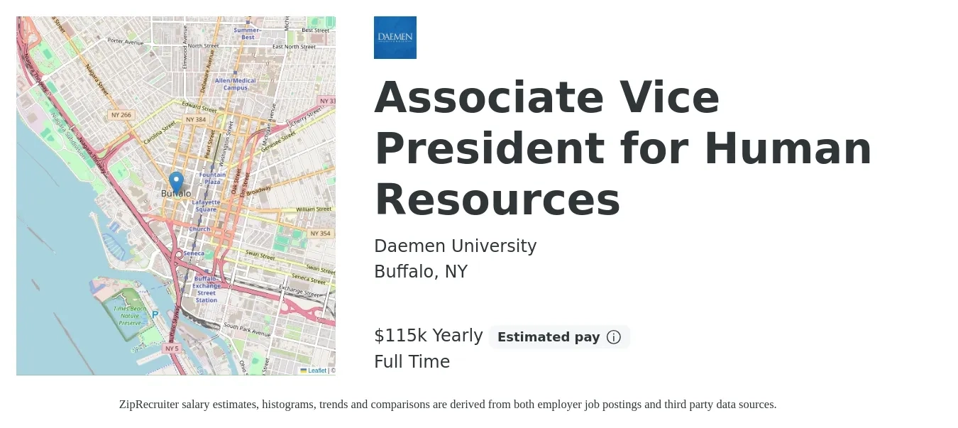 Daemen University job posting for a Associate Vice President for Human Resources in Buffalo, NY with a salary of $115,000 Yearly with a map of Buffalo location.