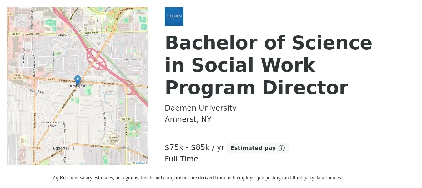 Daemen University job posting for a Bachelor of Science in Social Work Program Director in Amherst, NY with a salary of $75,000 to $85,000 Yearly with a map of Amherst location.