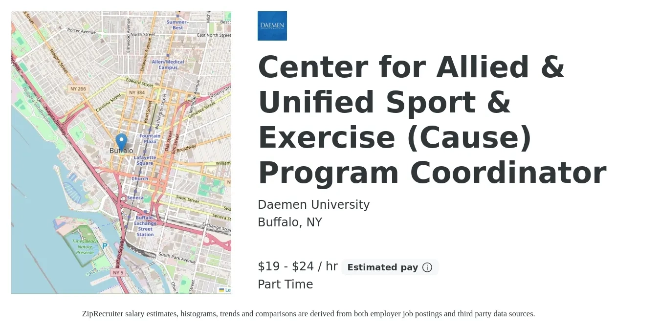 Daemen University job posting for a Center for Allied & Unified Sport & Exercise (Cause) Program Coordinator in Buffalo, NY with a salary of $20 to $25 Hourly with a map of Buffalo location.