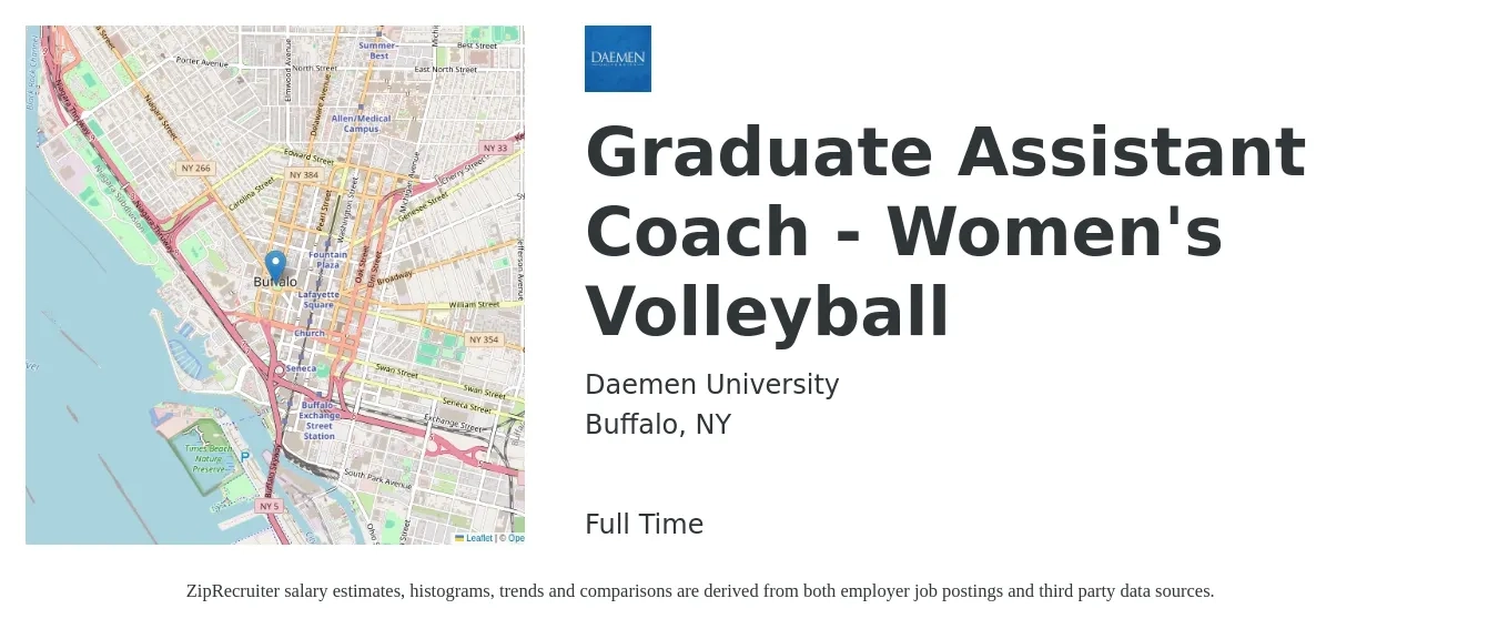 Daemen University job posting for a Graduate Assistant Coach - Women's Volleyball in Buffalo, NY with a salary of $12 to $31 Hourly with a map of Buffalo location.