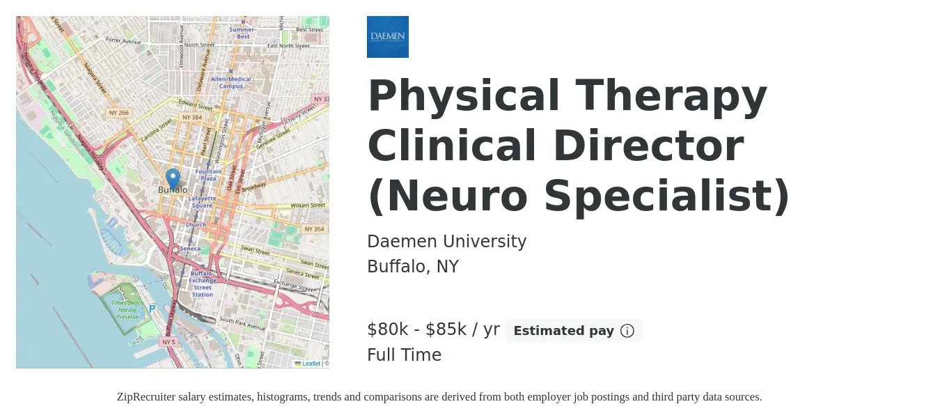 Daemen University job posting for a Physical Therapy Clinical Director (Neuro Specialist) in Buffalo, NY with a salary of $80,000 to $85,000 Yearly with a map of Buffalo location.