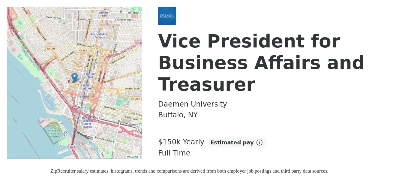 Daemen University job posting for a Vice President for Business Affairs and Treasurer in Buffalo, NY with a salary of $150,000 Yearly with a map of Buffalo location.