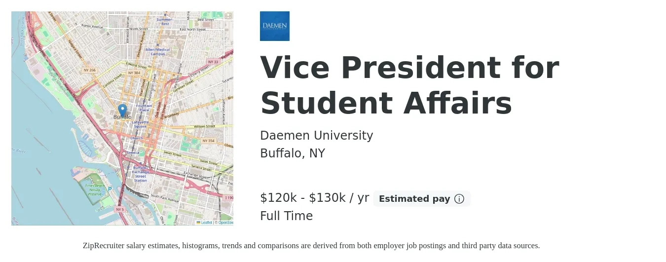 Daemen University job posting for a Vice President for Student Affairs in Buffalo, NY with a salary of $120,000 to $130,000 Yearly with a map of Buffalo location.